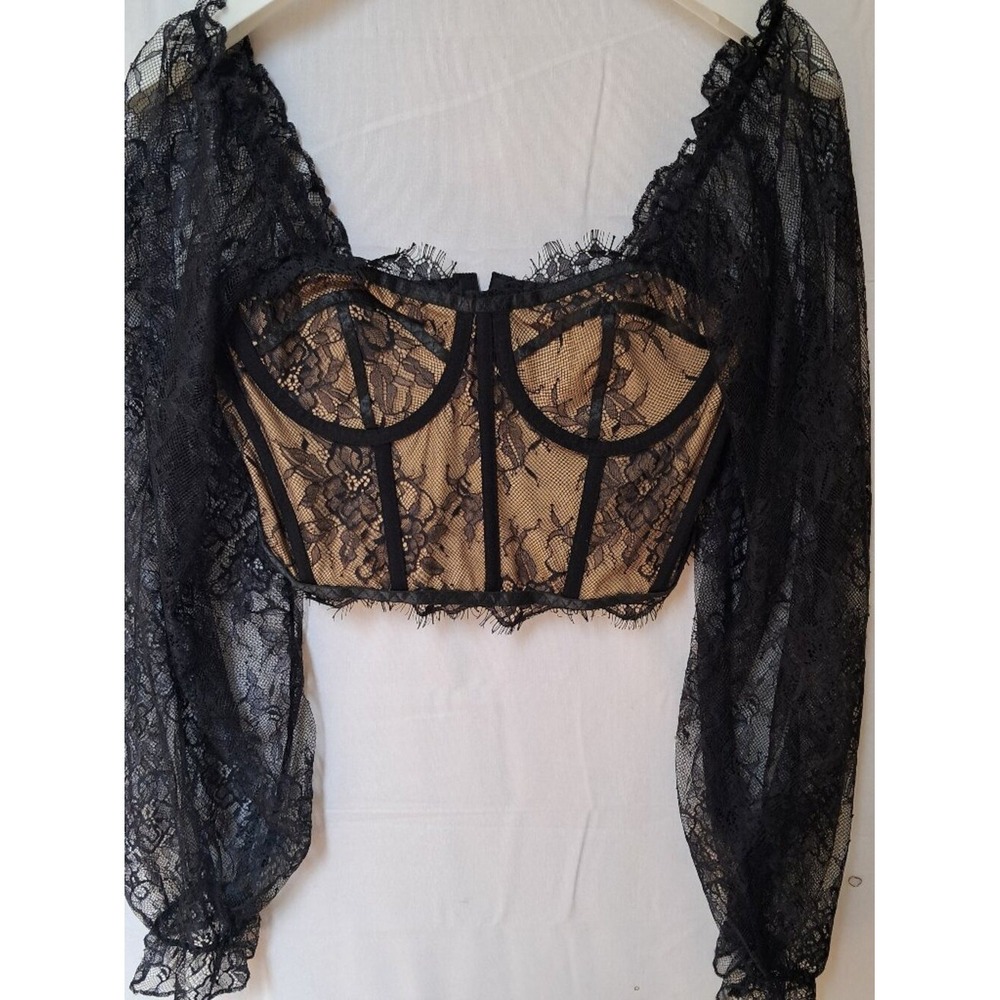 SHEIN Black Floral Lace Long Sleeve Corset Crop Top Nude Lining Size 6 Medium
